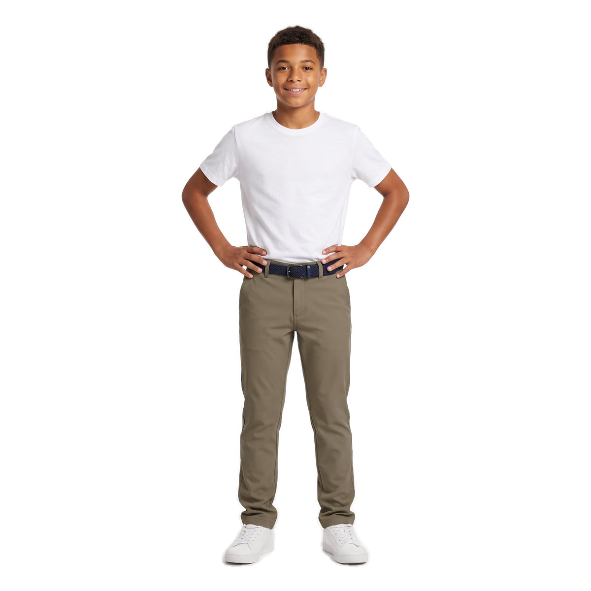 Boys' Belted Chino Pants – Khaki, worn, age 14