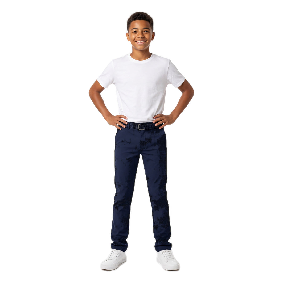 Boys' Belted Chino Pants – Navy, worn, age 14