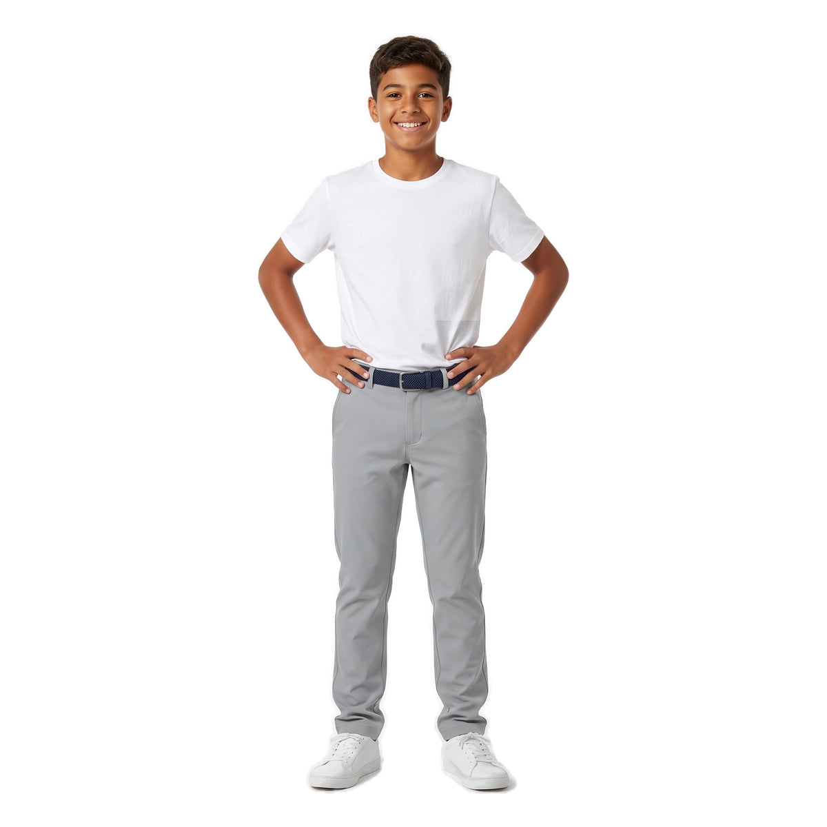 Boys' Belted Chino Pants – Silver, worn, age 14