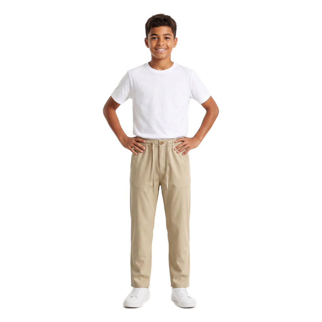 Boys' Drawstring Gabardine Pants – Light Beige, worn, age 14