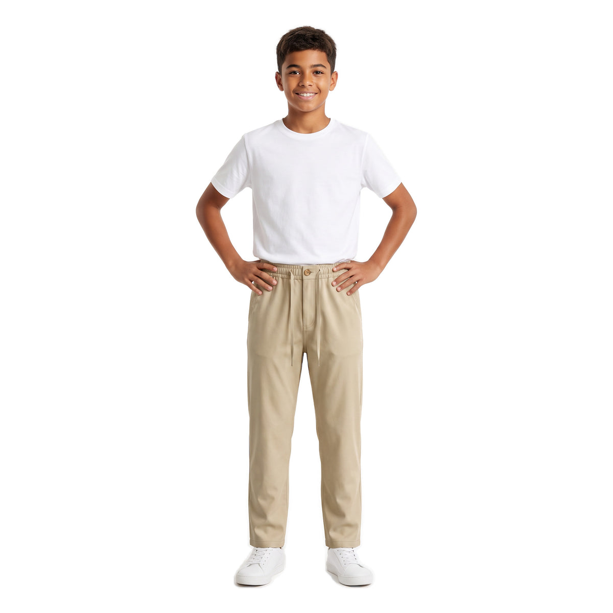 Boys' Drawstring Gabardine Pants – Light Beige, worn, age 14