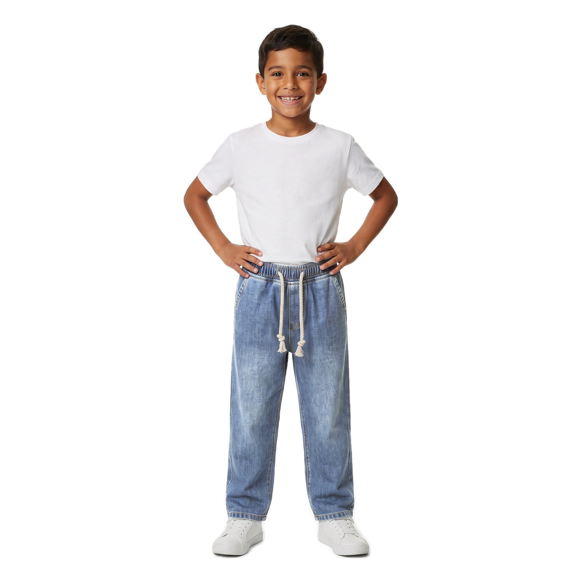 Boys' Rope Drawstring Jeans – Vintage Wash, worn, age 9