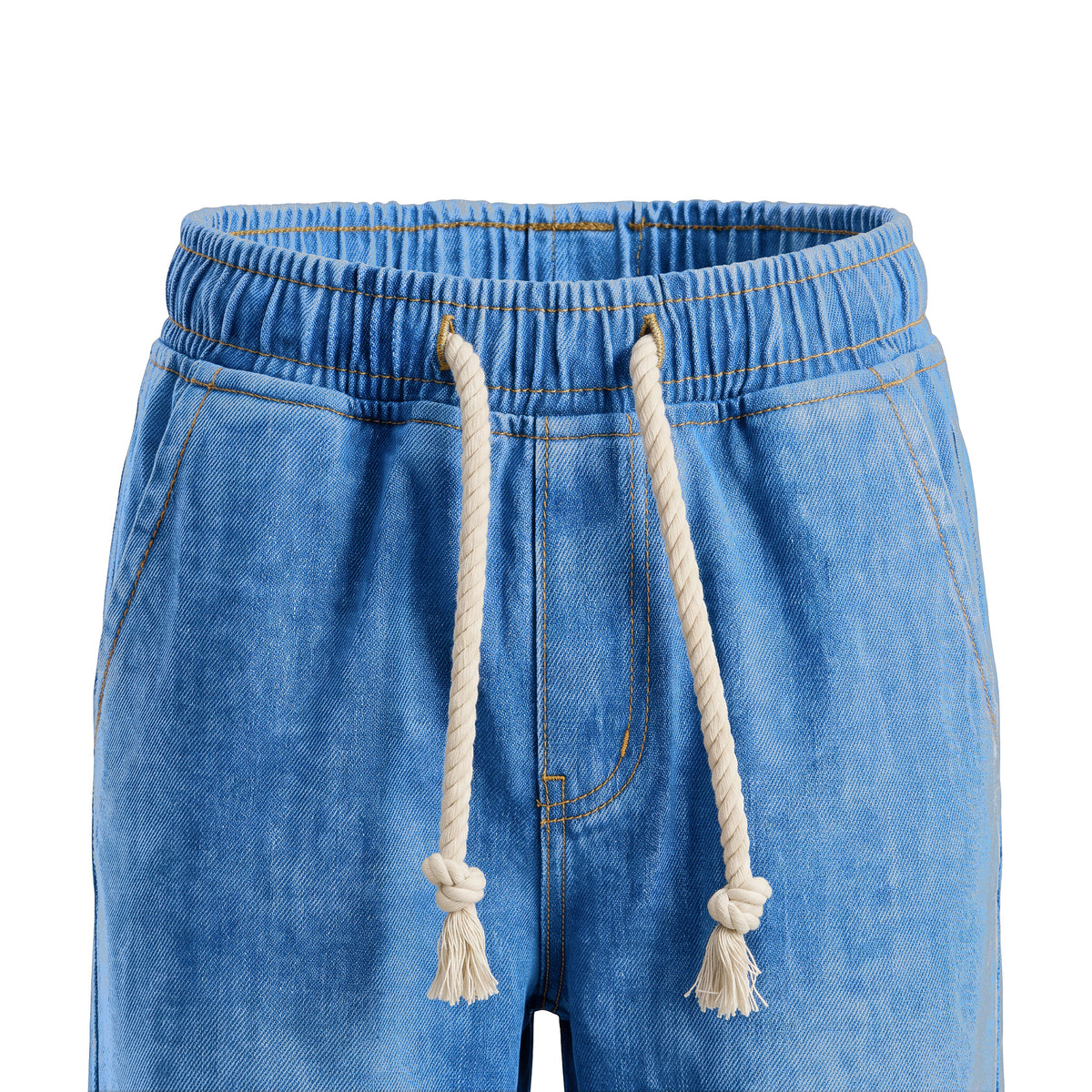 Boys' Rope Drawstring Jeans – Medium Blue, waistband close-up