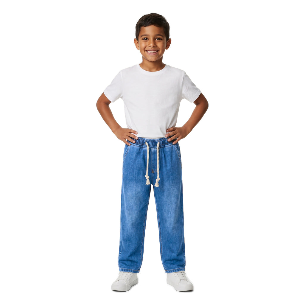 Boys' Rope Drawstring Jeans – Medium Blue, worn, age 9