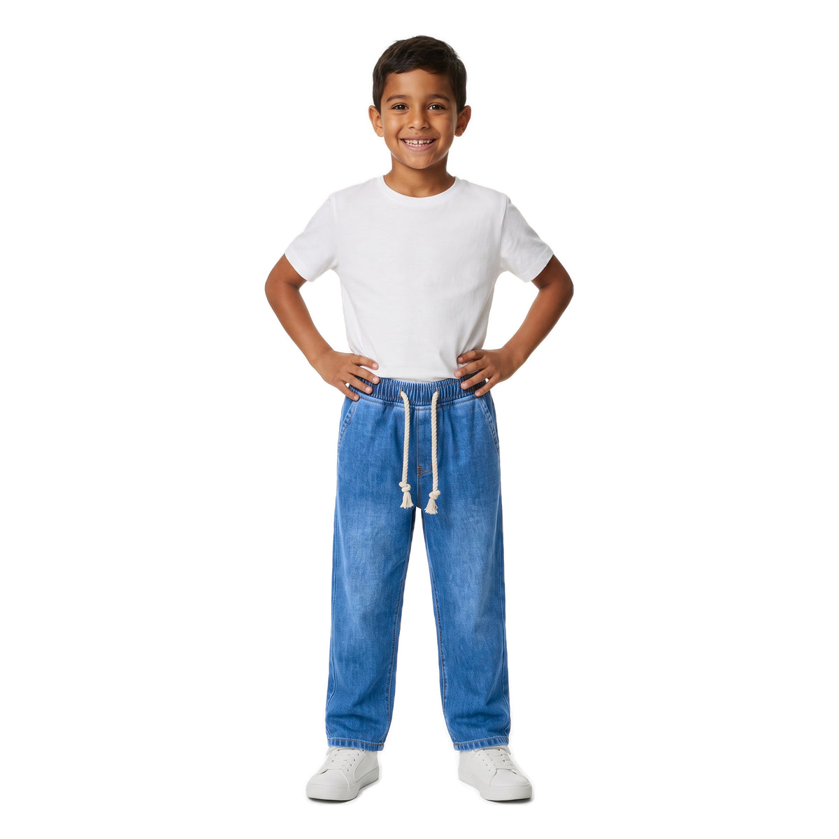 Boys' Rope Drawstring Jeans – Medium Blue, worn, age 9