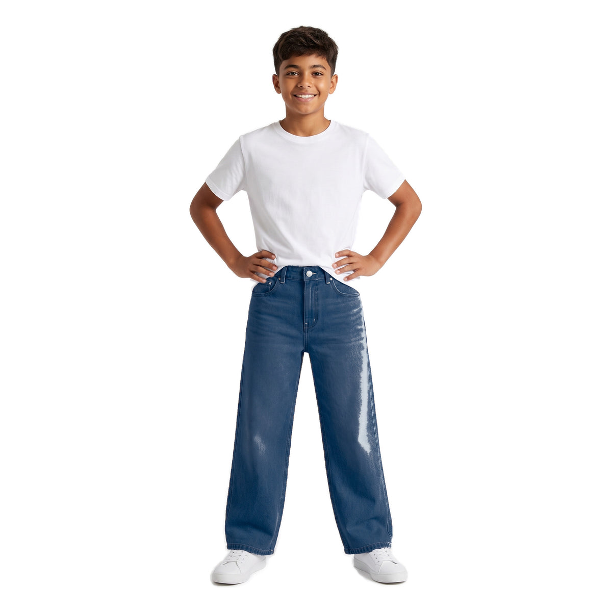 Boys' X-Pocket Wide Jeans – Vintage Wash, worn, age 14