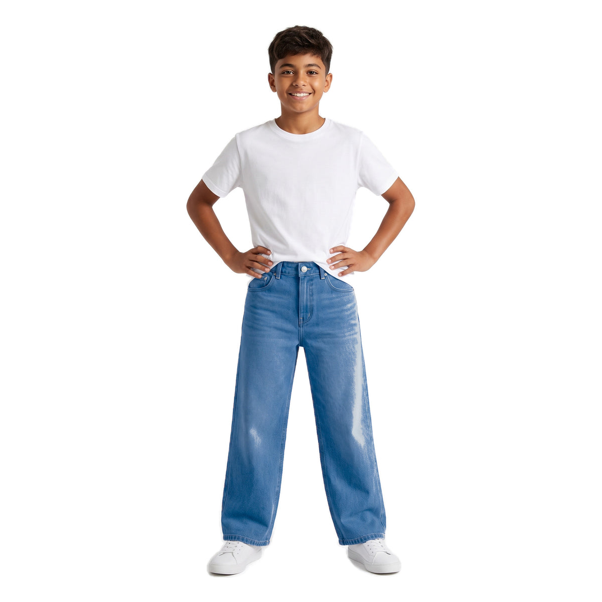 Boys' X-Pocket Wide Jeans – Light Blue, worn, age 14