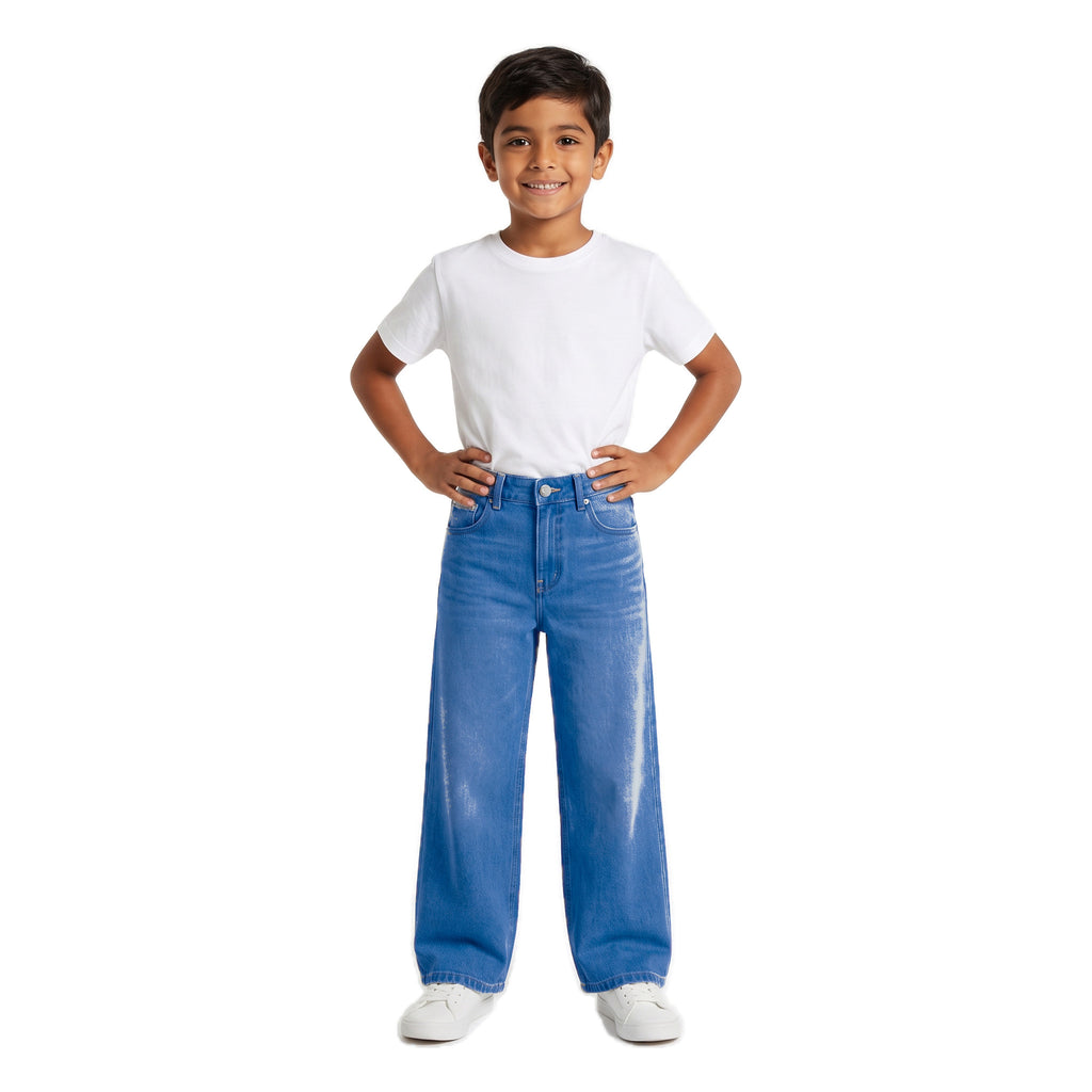 Boys' X-Pocket Wide Jeans – Medium Blue, worn, age 9