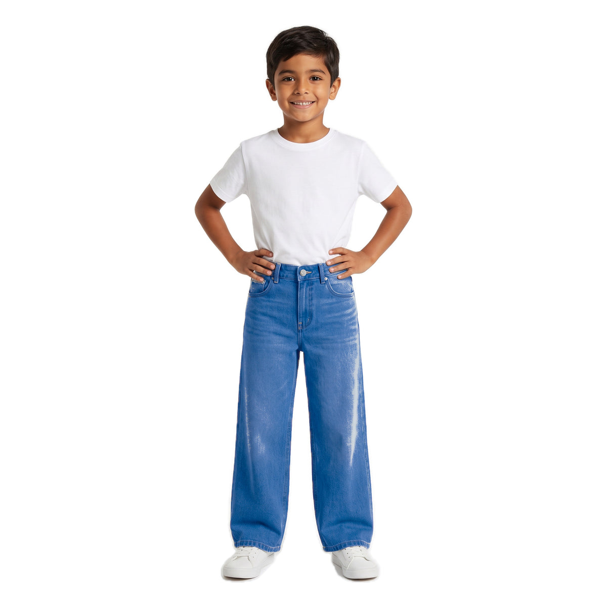 Boys' X-Pocket Wide Jeans – Medium Blue, worn, age 9
