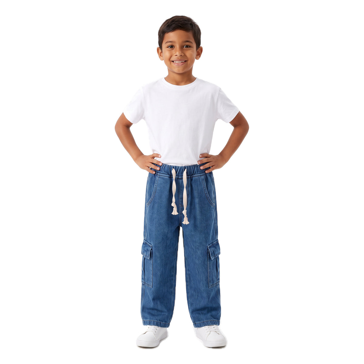 Boys' Cargo Jeans – Medium Blue, worn, age 9