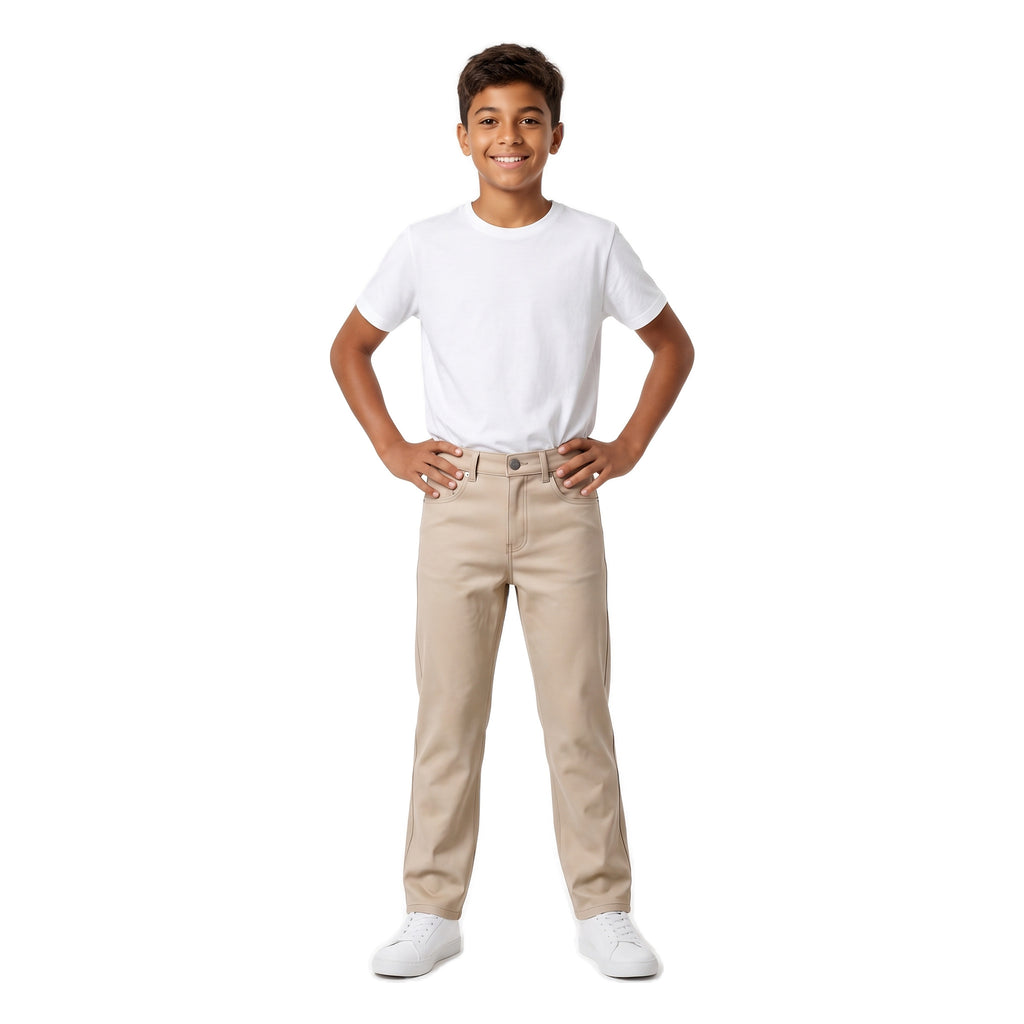 Boys' Five-Pocket Gabardine Pants – Light Beige, worn, age 14