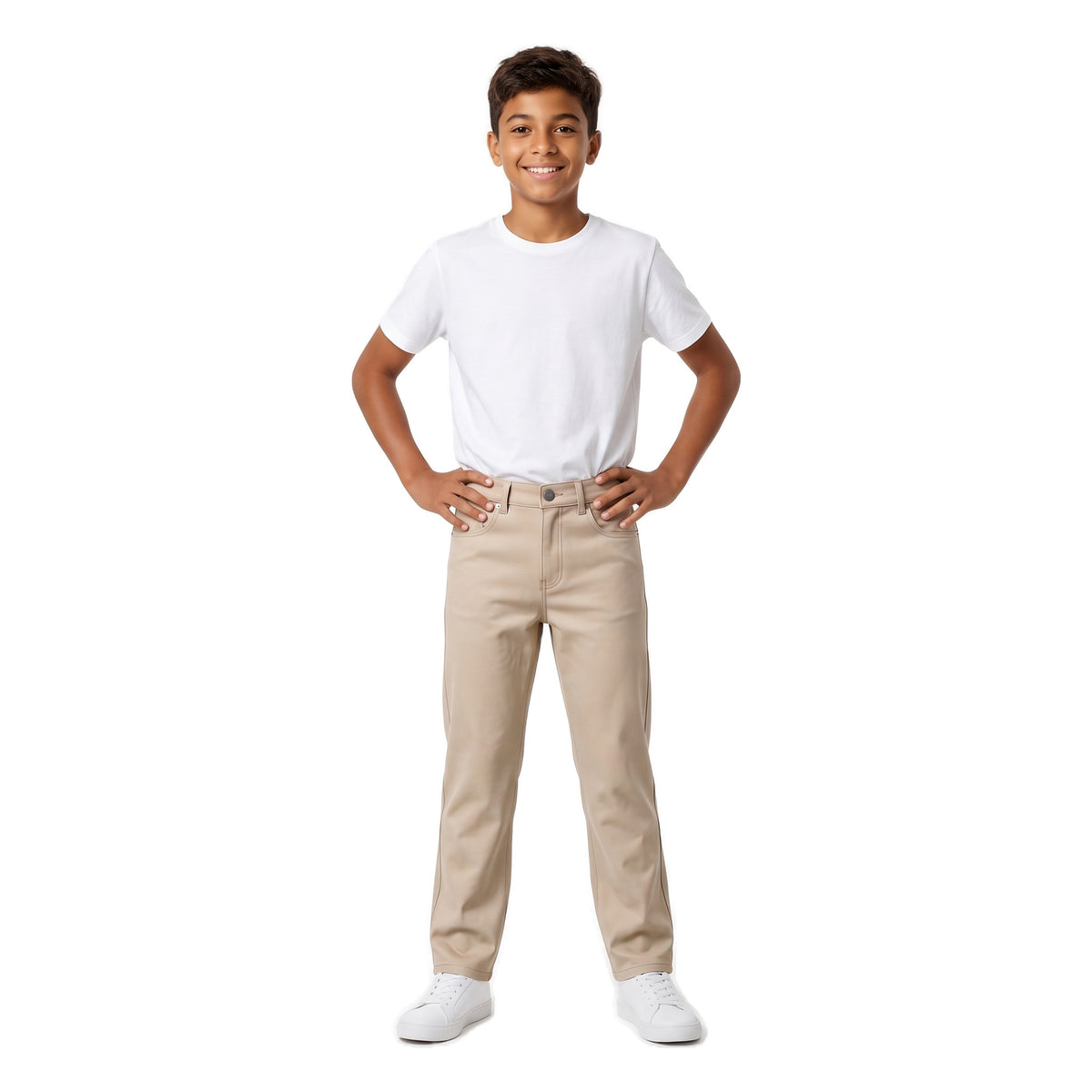 Boys' Five-Pocket Gabardine Pants – Light Beige, worn, age 14