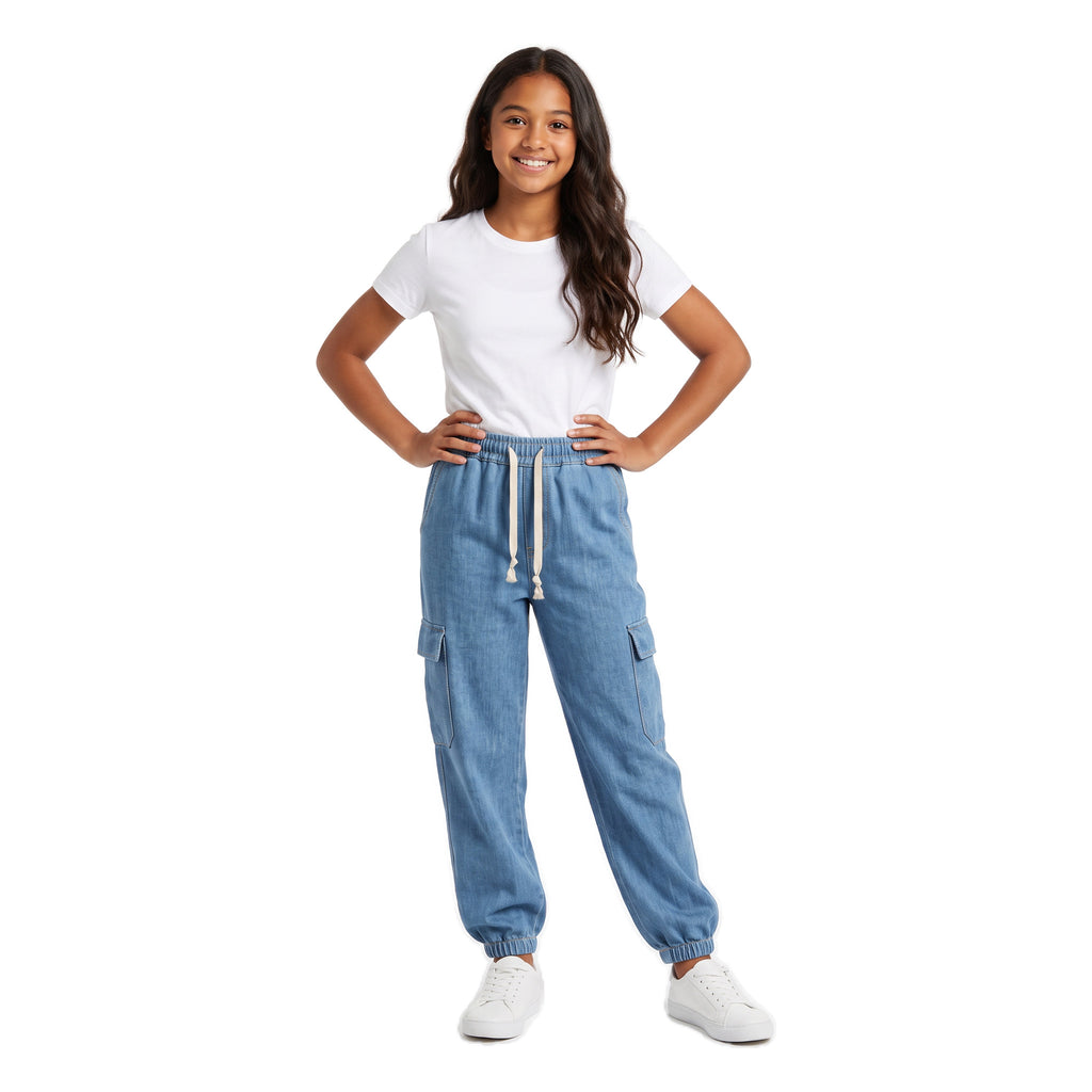 Girls' Cargo Jogger Jeans – Light Blue, worn, age 14