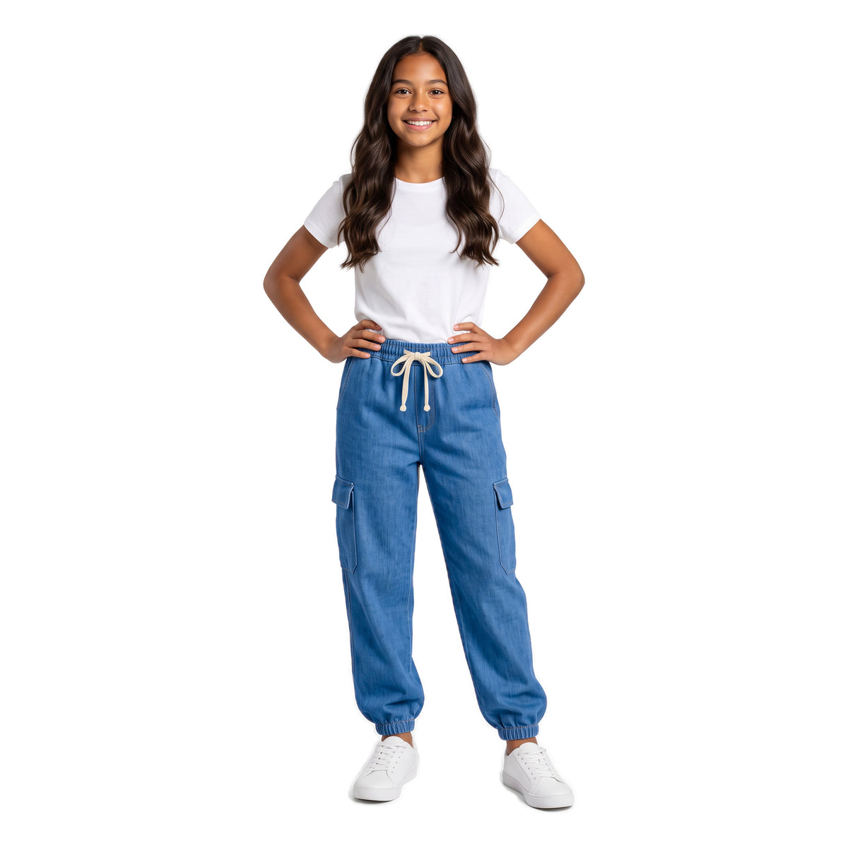 Girls' Cargo Jogger Jeans – Medium Blue, worn, age 14