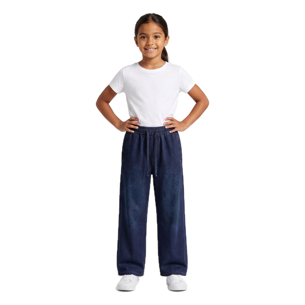 Girls' Drawstring Wide-Leg Jeans – Dark Navy, worn, age 9