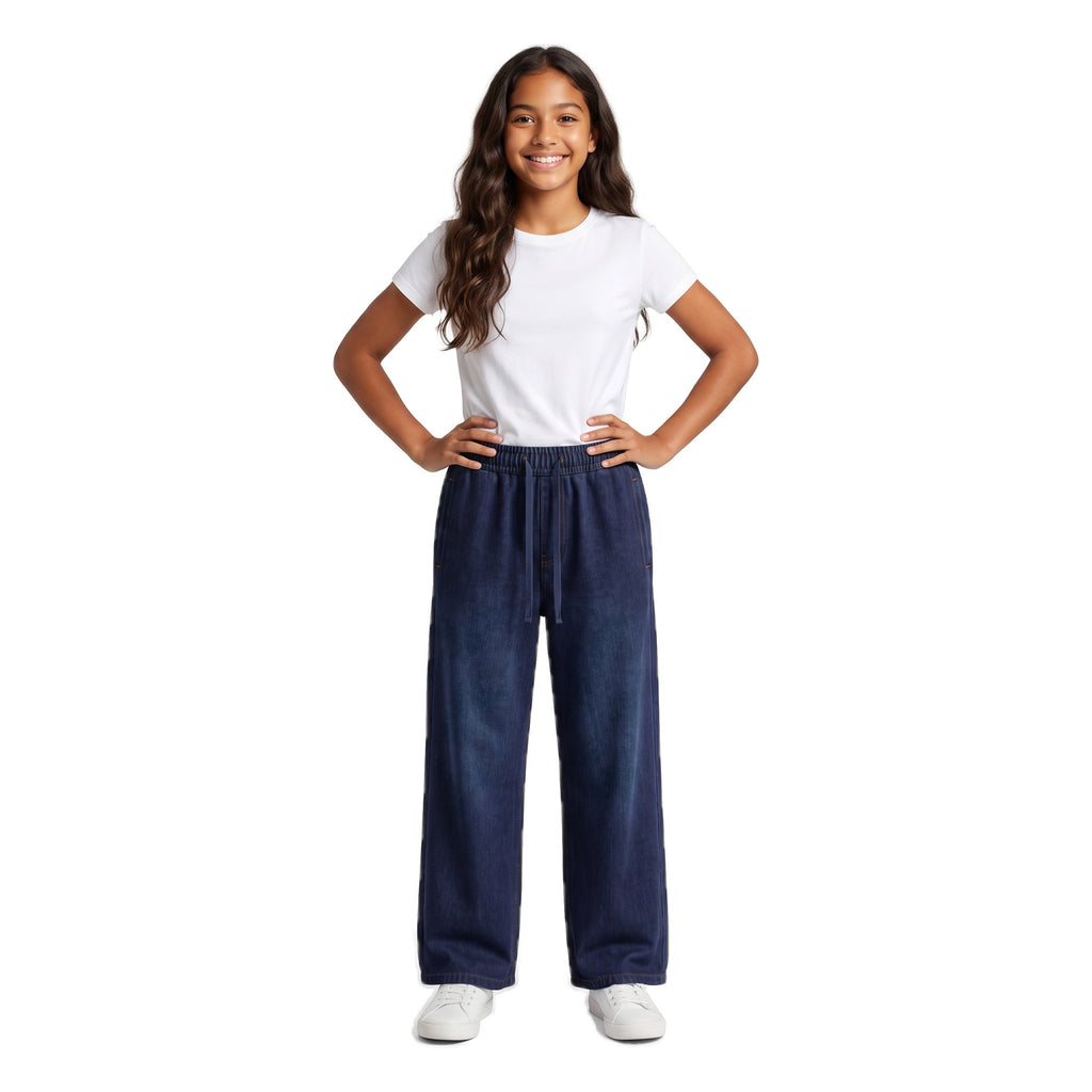 Girls' Drawstring Wide-Leg Jeans – Dark Navy, worn, age 14
