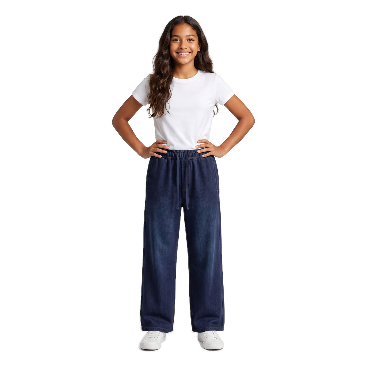 Girls' Drawstring Wide-Leg Jeans – Dark Navy, worn, age 14