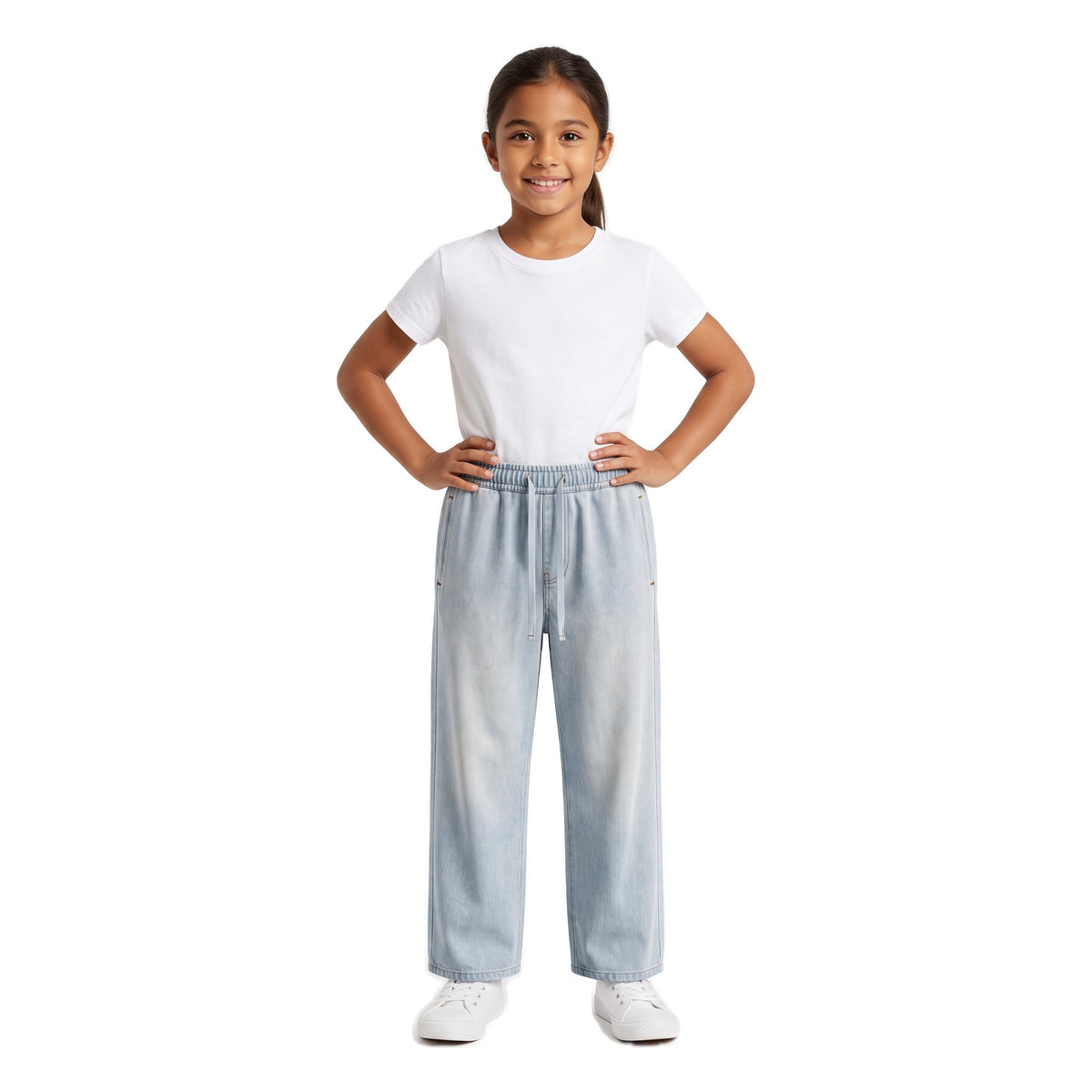 Girls' Drawstring Wide-Leg Jeans – Light Blue, worn, age 9