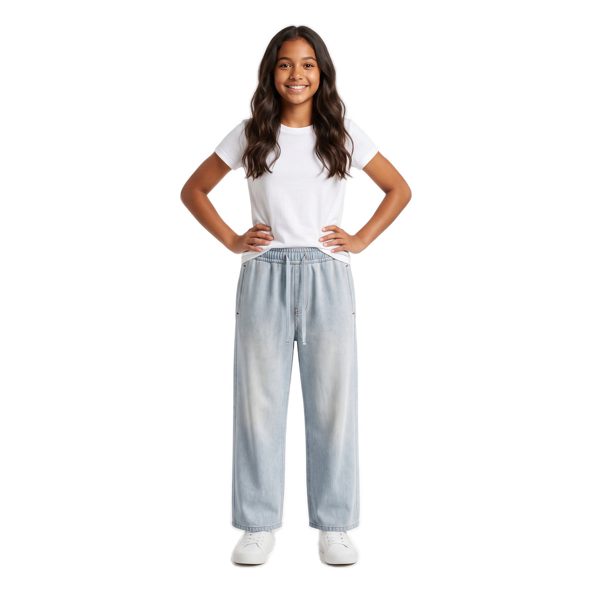 Girls' Drawstring Wide-Leg Jeans – Light Blue, worn, age 14