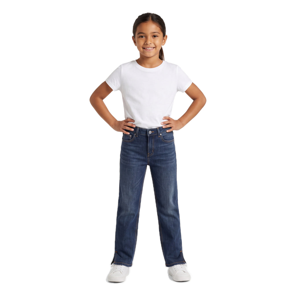 Girls' Side-Slit Straight Jeans – Dark Navy, worn, age 9