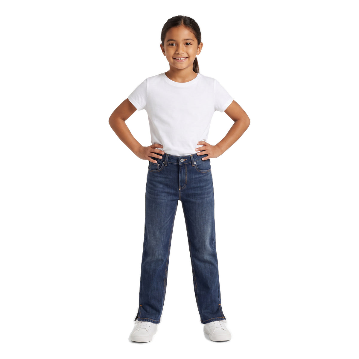 Girls' Side-Slit Straight Jeans – Dark Navy, worn, age 9