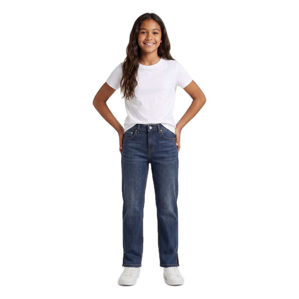 Girls' Side-Slit Straight Jeans – Dark Navy, worn, age 14