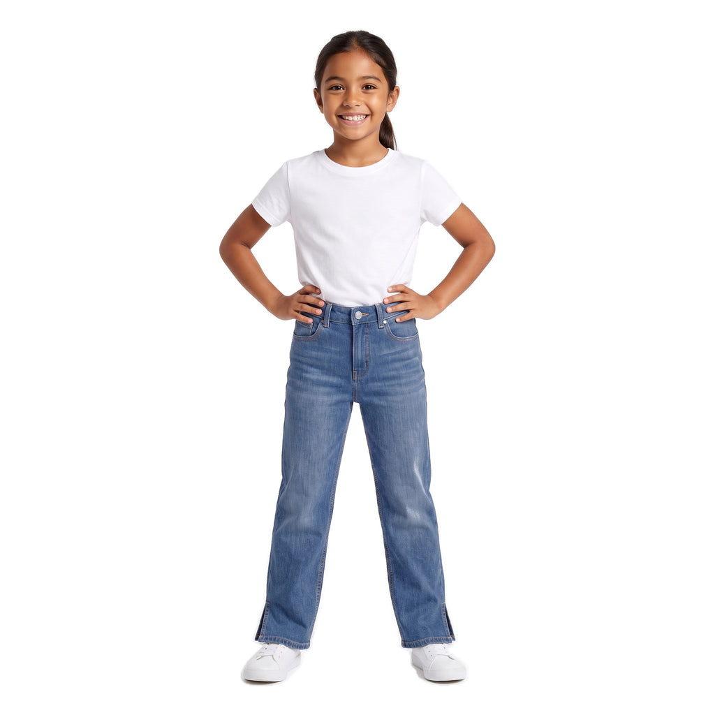 Girls' Side-Slit Straight Jeans – Vintage Wash, worn, age 9