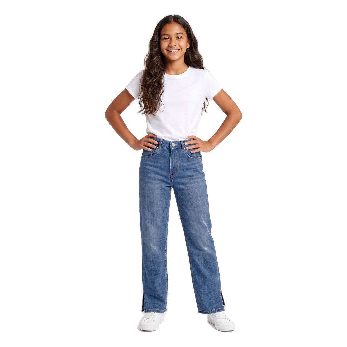 Girls' Side-Slit Straight Jeans – Vintage Wash, worn, age 14