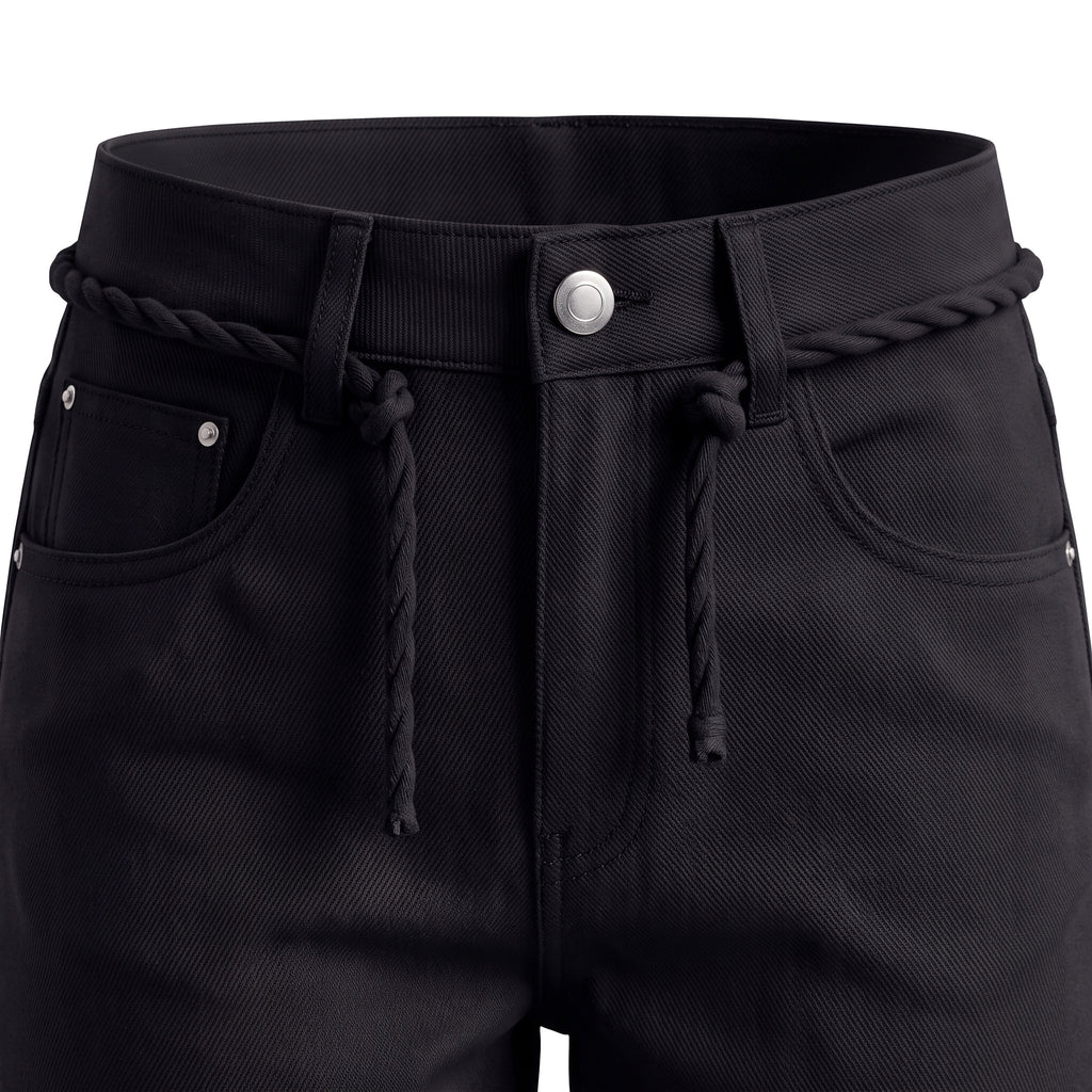 Girls' Rope Belt Wide-Leg Pants – Black, waistband close-up
