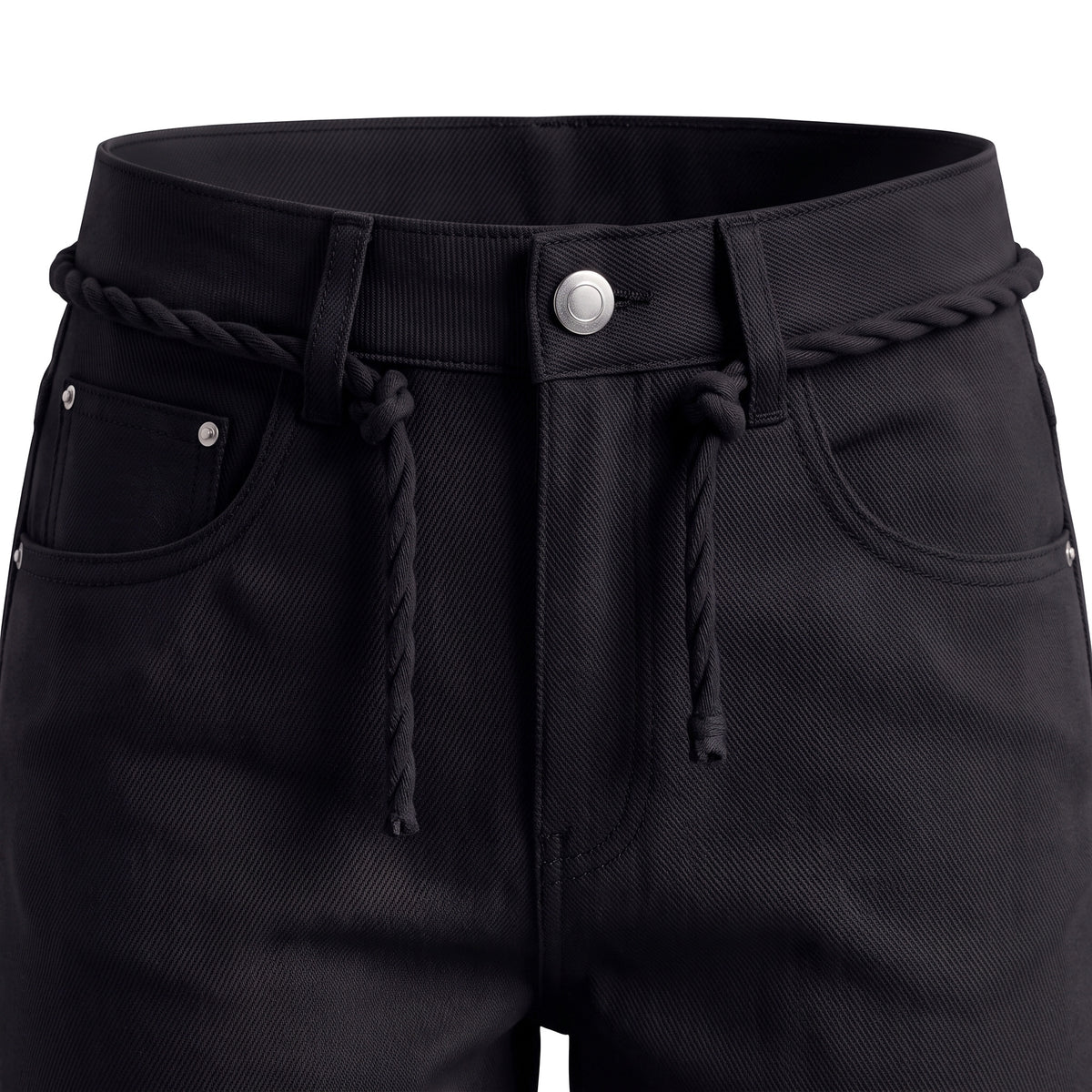 Girls' Rope Belt Wide-Leg Pants – Black, waistband close-up