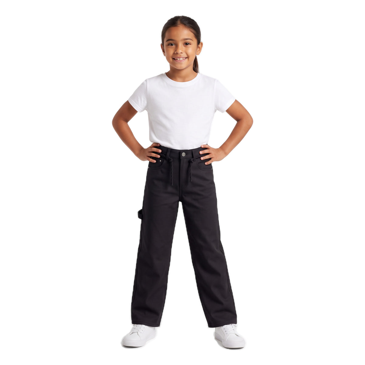 Girls' Rope Belt Wide-Leg Pants – Black, worn, age 9