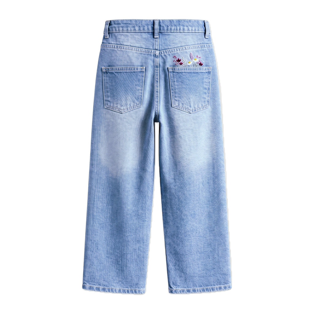 Girls' Flower Embroidered Jeans – Light Blue, back
