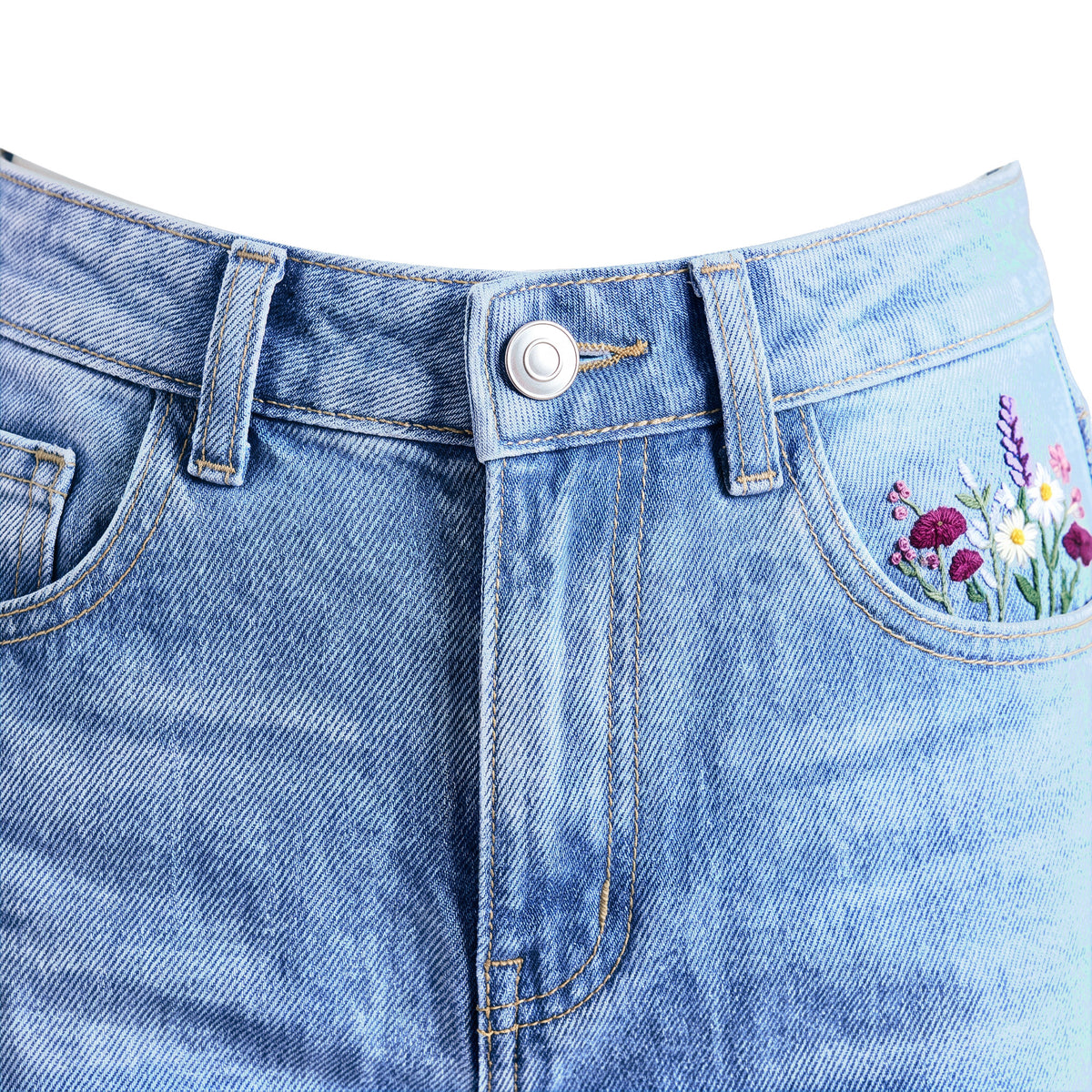Girls' Flower Embroidered Jeans – Light Blue, waistband close-up