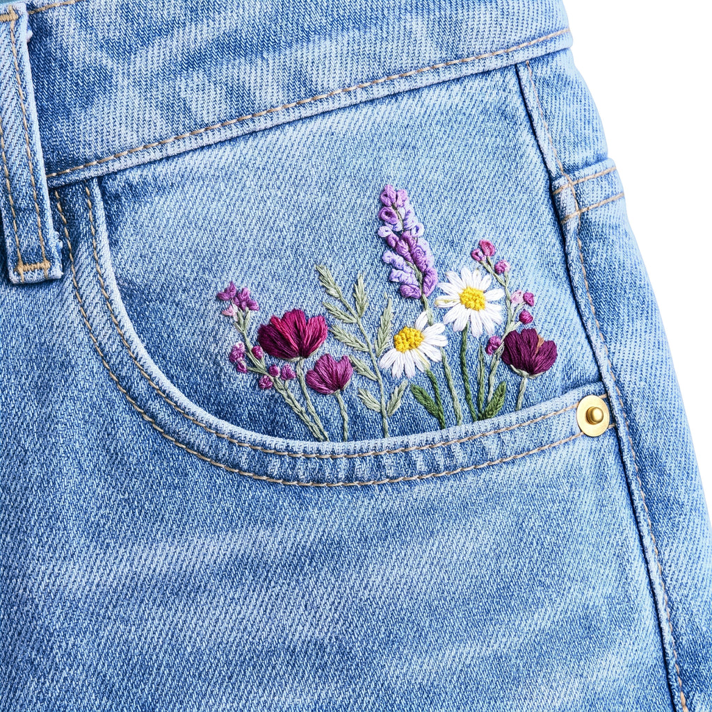 Girls' Flower Embroidered Jeans – Light Blue, front flowers close-up