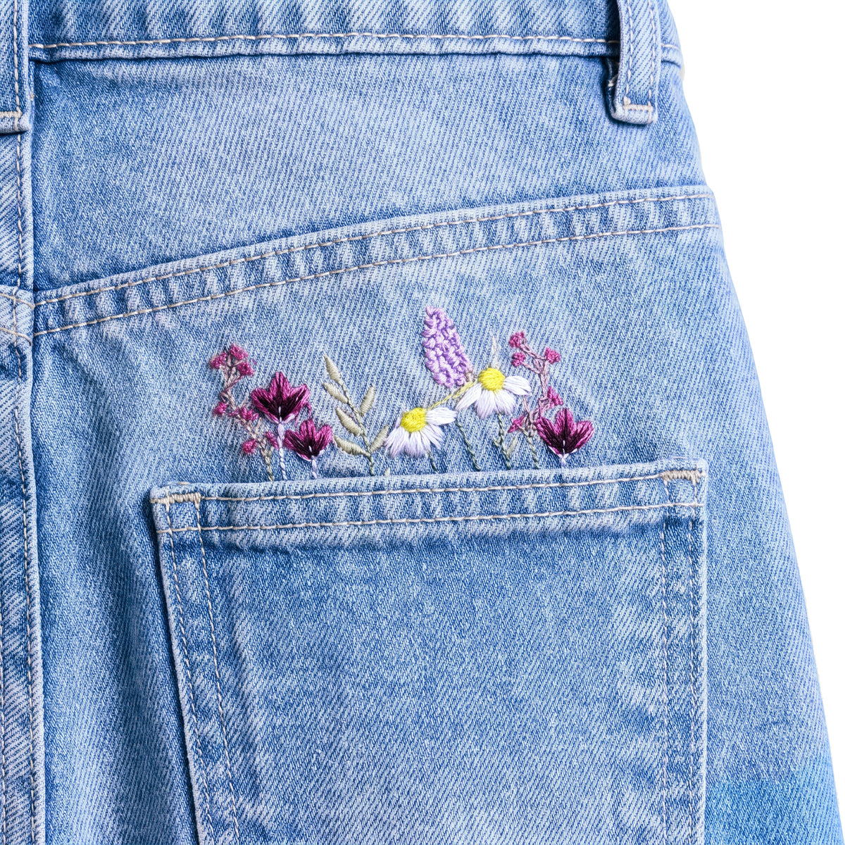 Girls' Flower Embroidered Jeans – Light Blue, back flowers close-up