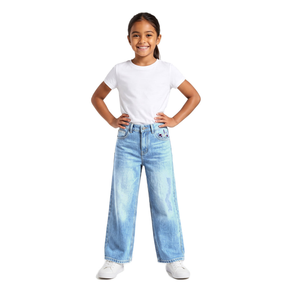 Girls' Flower Embroidered Jeans – Light Blue, worn, age 9