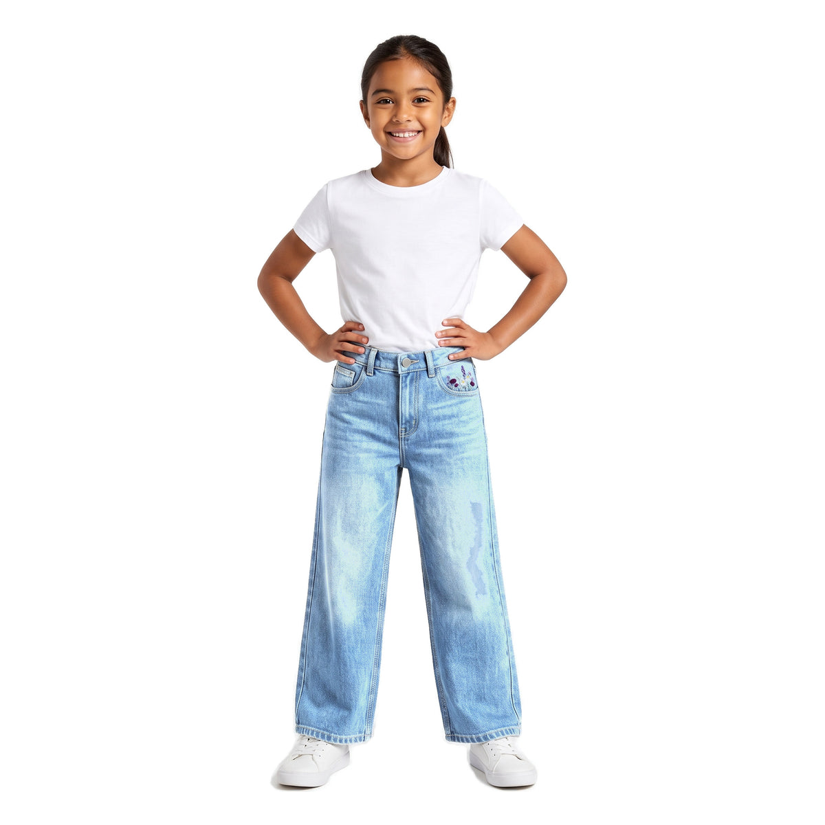 Girls' Flower Embroidered Jeans – Light Blue, worn, age 9