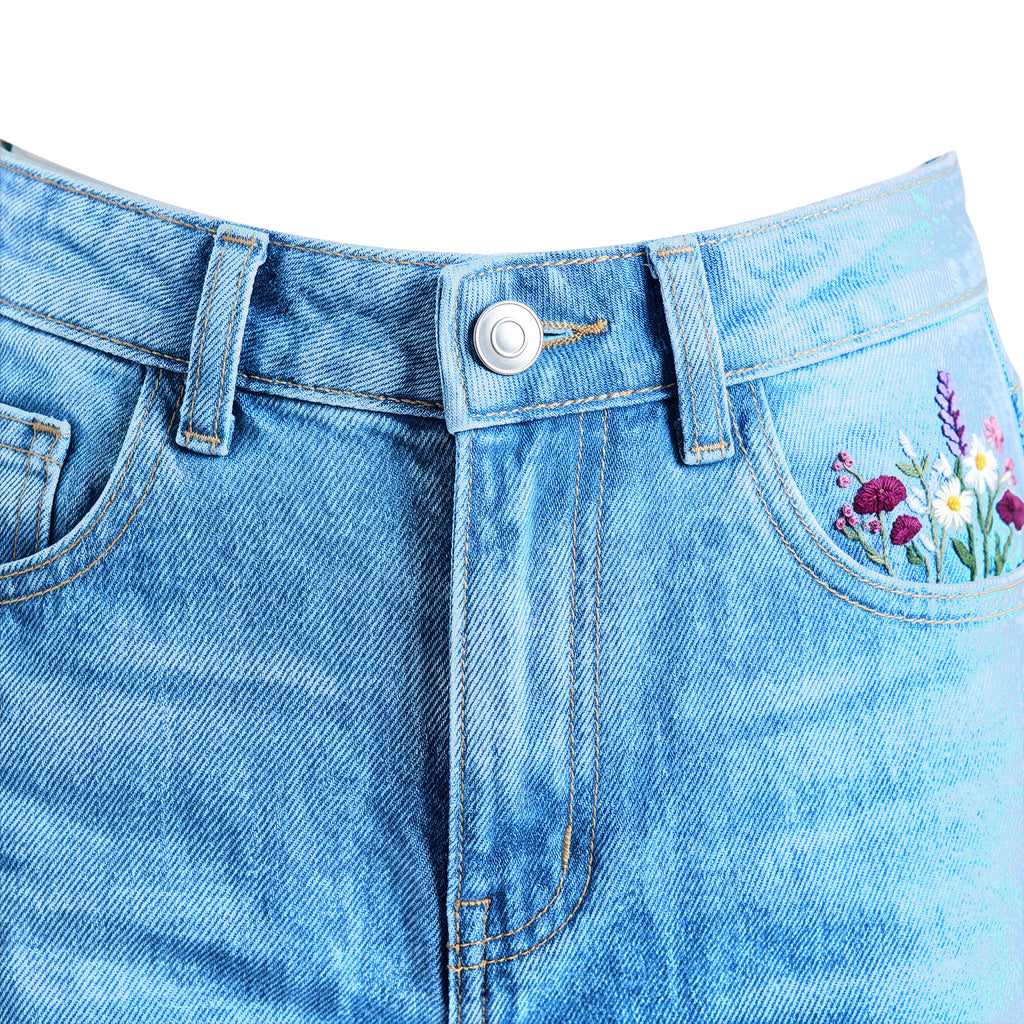 Girls' Flower Embroidered Jeans – Medium Blue, waistband close-up