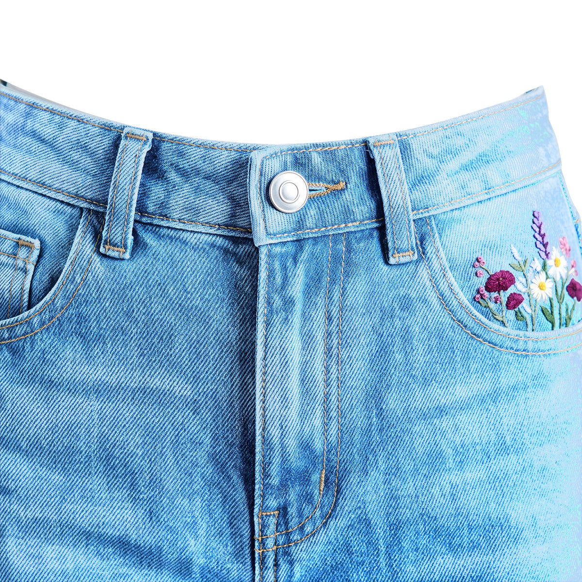 Girls' Flower Embroidered Jeans – Medium Blue, waistband close-up