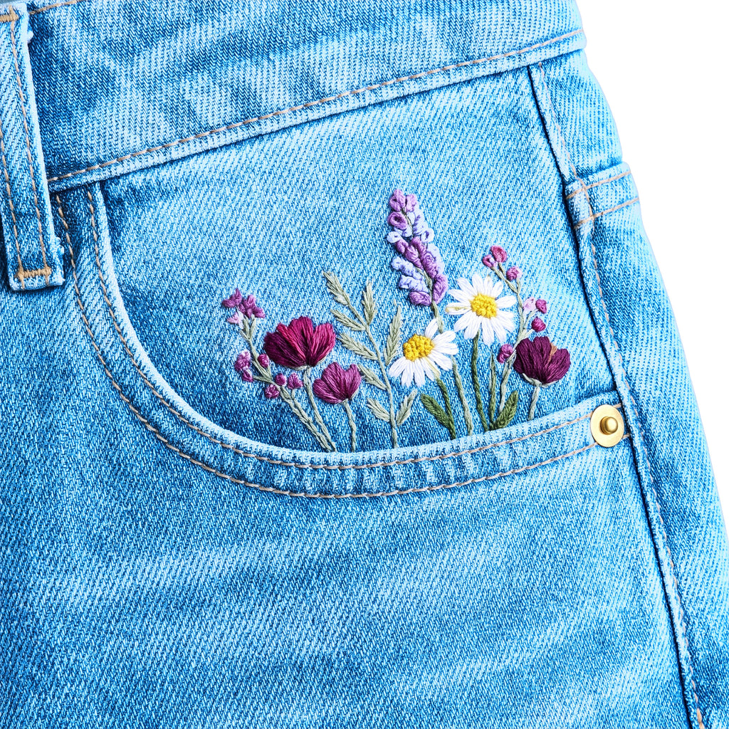 Girls' Flower Embroidered Jeans – Medium Blue, front flowers close-up