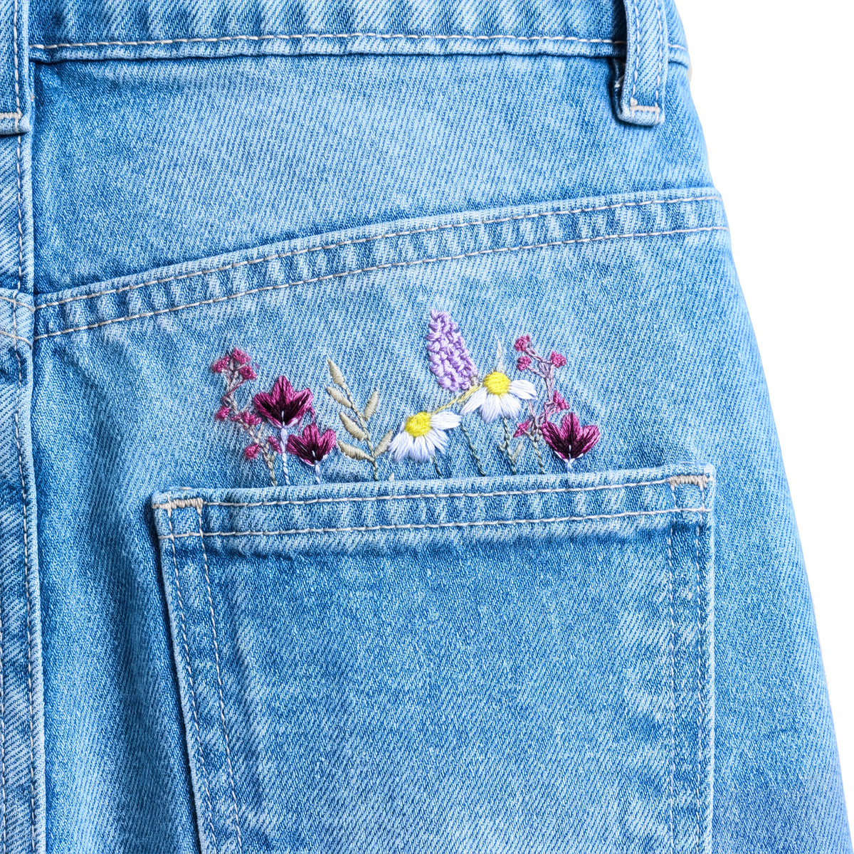 Girls' Flower Embroidered Jeans – Medium Blue, back flowers close-up