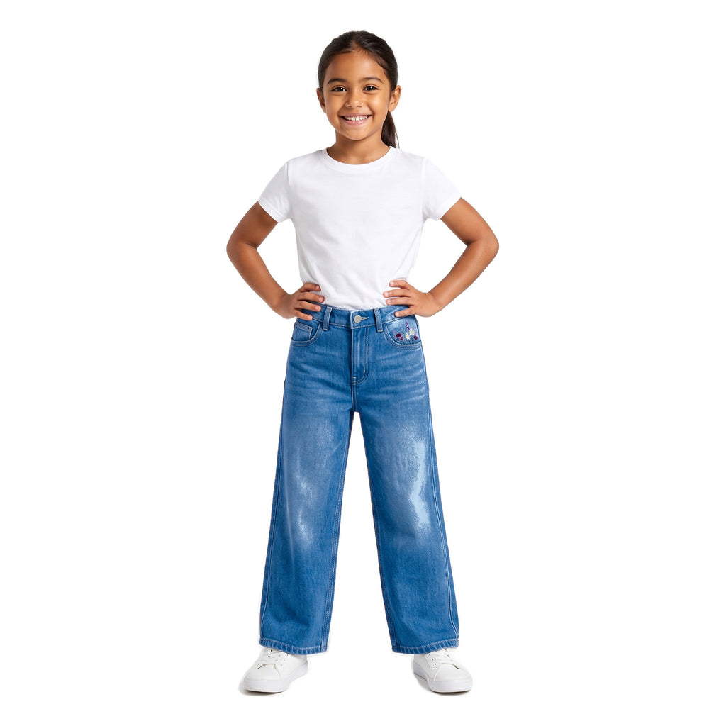 Girls' Flower Embroidered Jeans – Medium Blue, worn, age 9