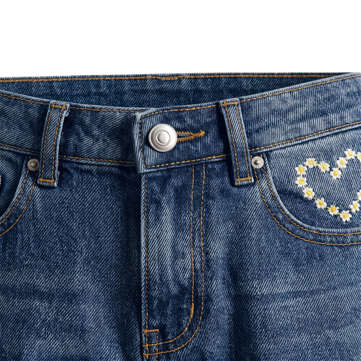 Girls' Daisy Heart Jeans – Dark Blue, waistband close-up