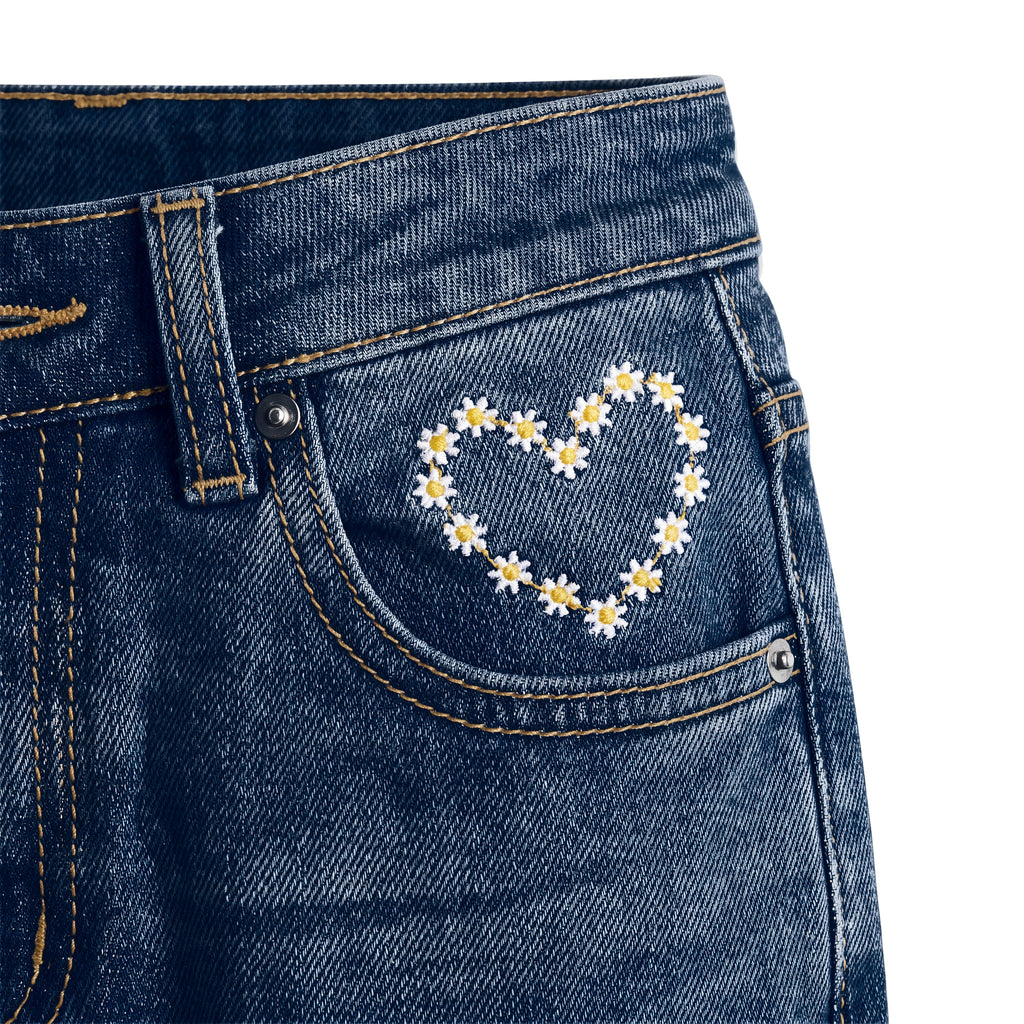 Girls' Daisy Heart Jeans – Dark Blue, front heart close-up