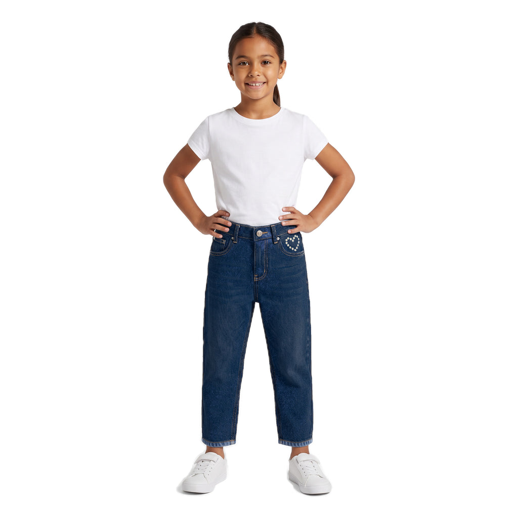 Girls' Daisy Heart Jeans – Dark Blue, worn, age 9
