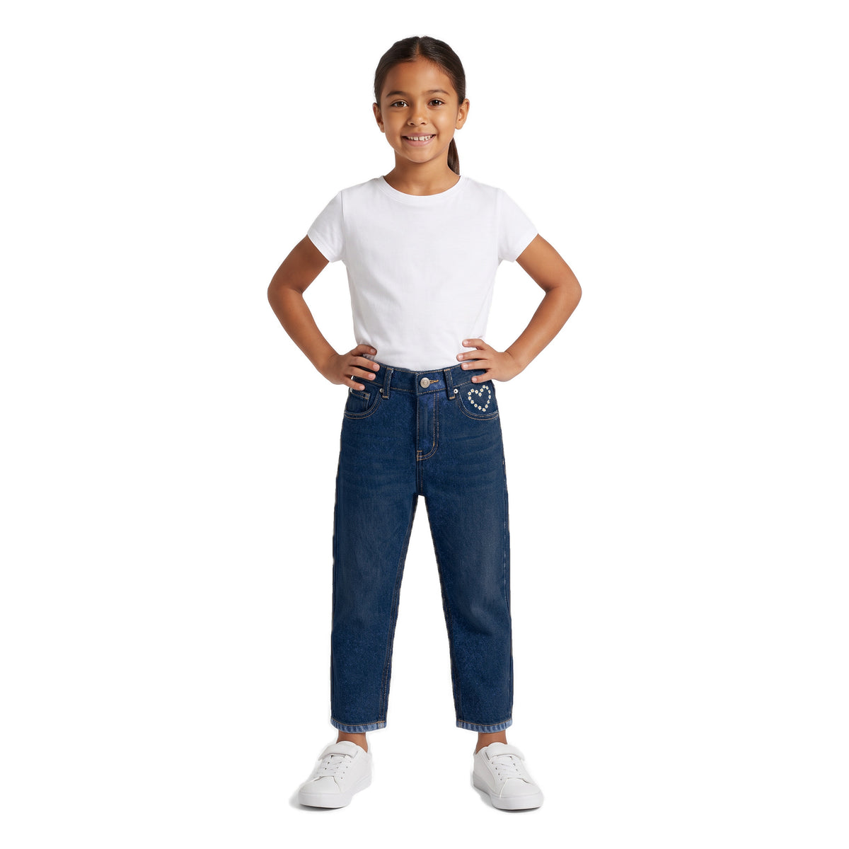 Girls' Daisy Heart Jeans – Dark Blue, worn, age 9