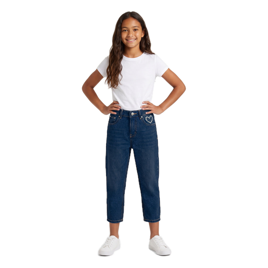 Girls' Daisy Heart Jeans – Dark Blue, worn, age 14