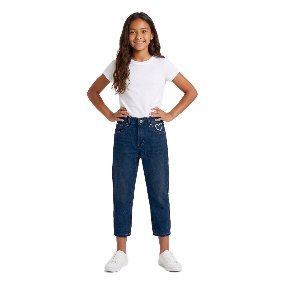 Girls' Daisy Heart Jeans – Dark Blue, worn, age 14
