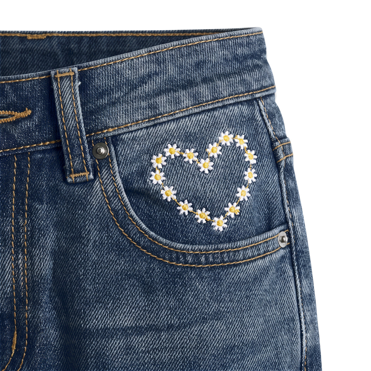 Girls' Daisy Heart Jeans – Vintage Wash, front heart close-up