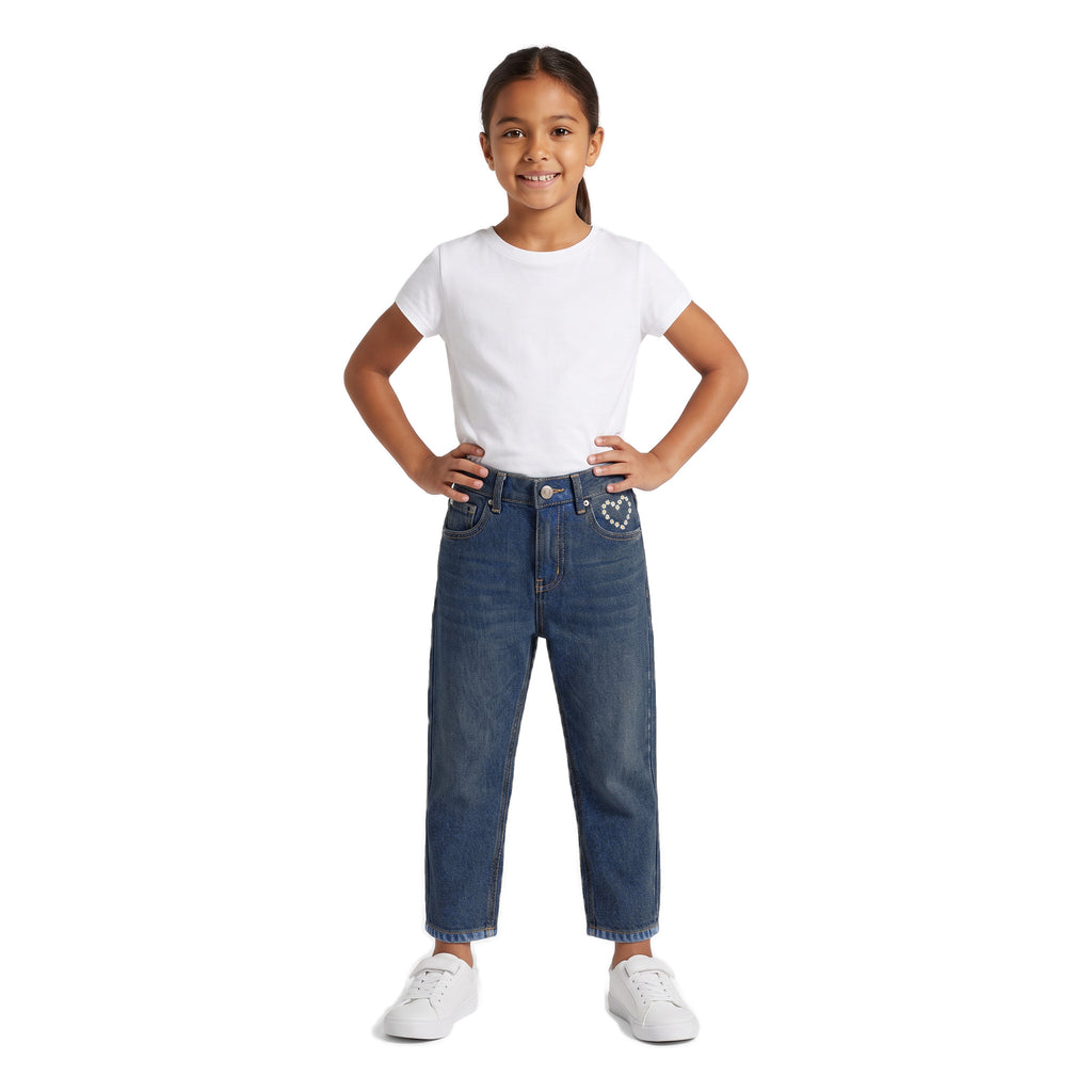 Girls' Daisy Heart Jeans – Vintage Wash, worn, age 9